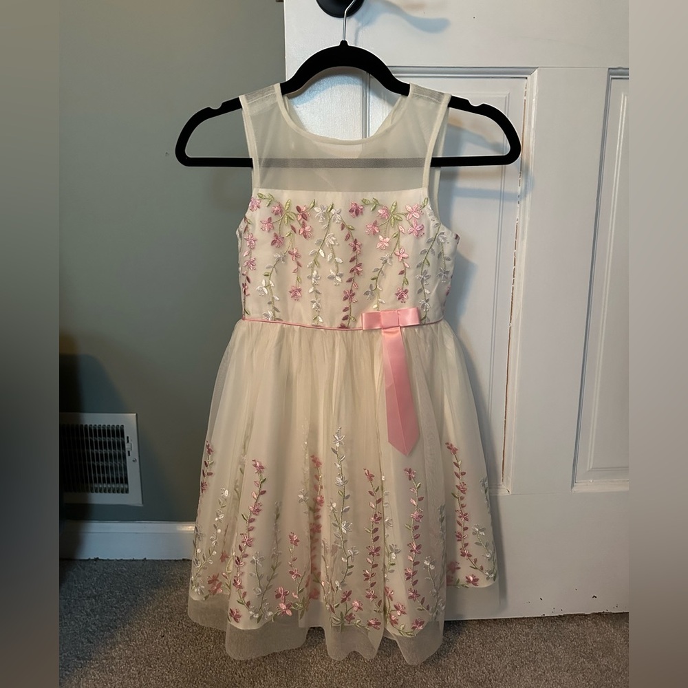 Jona Michelle Cream Tulle Dress with Pink Ribbon and Floral Embroidery